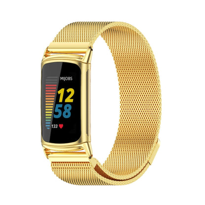 Gold magnetic metal mesh watch band with metal clasp, fitted to smartwatch