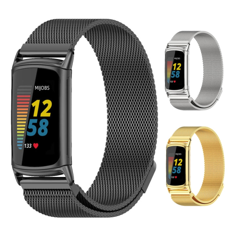 Black magnetic metal mesh watch band with metal clasp, shown with gold and silver bands