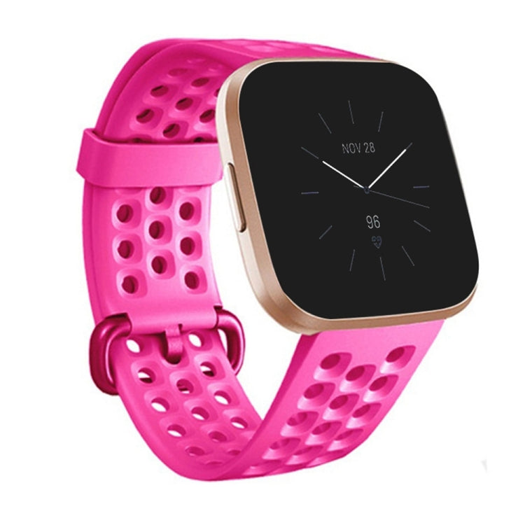 Large breathable silicone watch band with perforated strap and adjustable buckle, rose red.