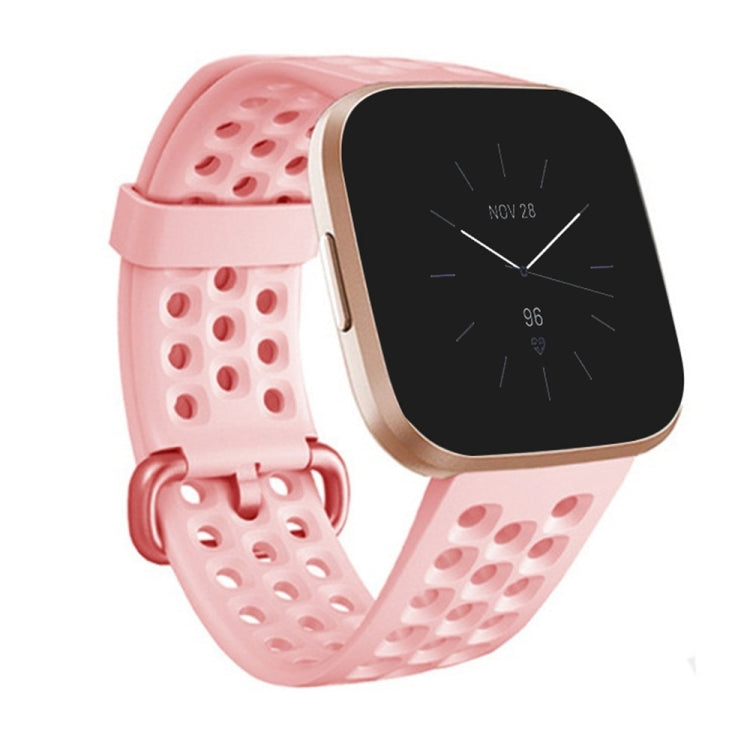 Large breathable silicone watch band with perforated strap and adjustable buckle, light pink.