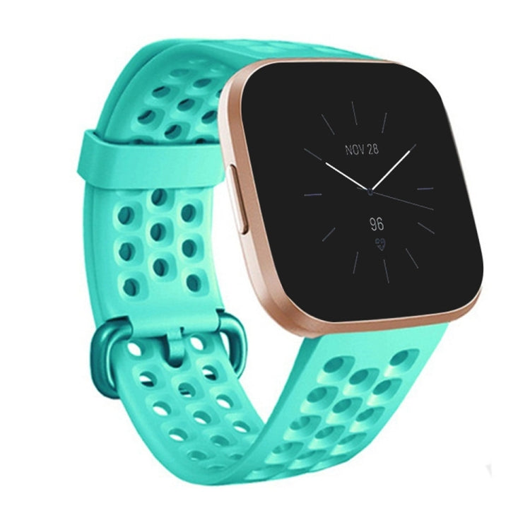 Large breathable silicone watch band with perforated strap and adjustable buckle, cyan.