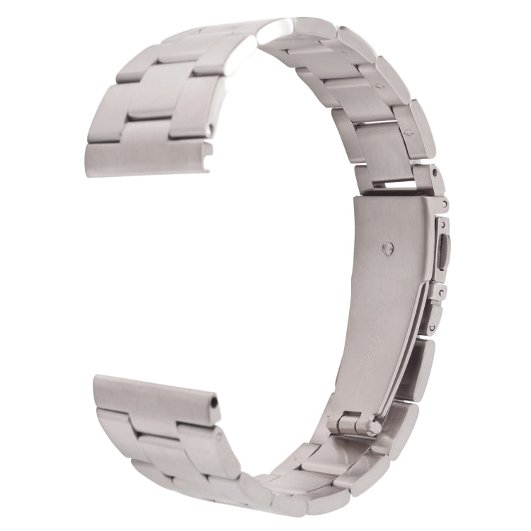 22mm three-bead steel watch band, silver-tone, curved fit with folding clasp