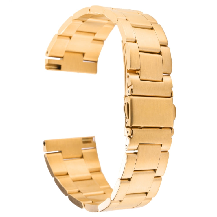 22mm three-bead steel watch band, gold-tone, circular view with clasp and links