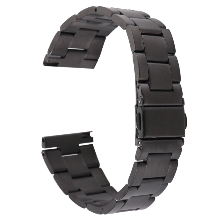 22mm three-bead steel watch band, black-tone, curved links with clasp end