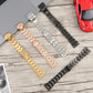 Three-bead steel watch bands in silver, gold, rose gold, grey, and black