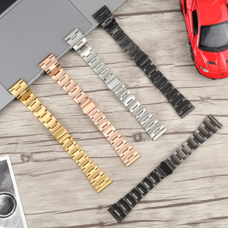 Three-bead steel watch bands in silver, gold, rose gold, grey, and black