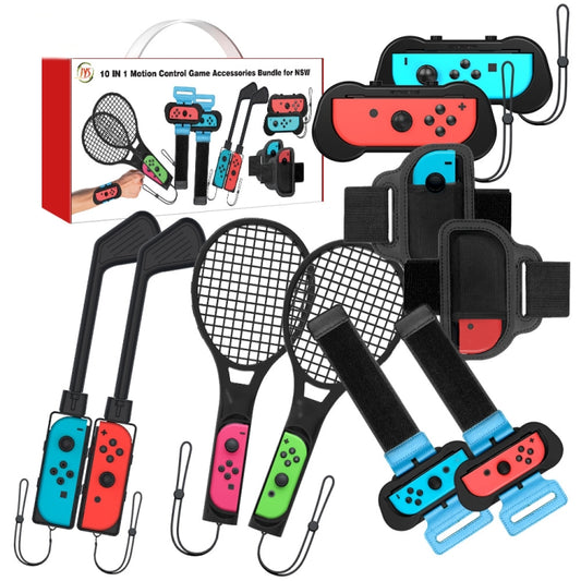 10-in-1 Nintendo Switch motion control accessory set with game controllers, straps, and paddles