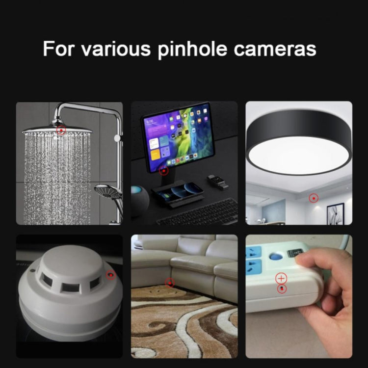 Black anti-candid detector with blue sensor lens for scanning various pinhole cameras.