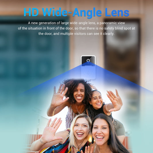 White smart doorbell camera on wall with wide-angle lens spotlight graphic