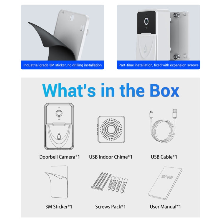 Smart doorbell kit: doorbell camera, indoor chime, USB cable, screws, stickers, manual