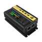 500W car inverter with LCD digital screen, black casing, yellow top label, mounting brackets.