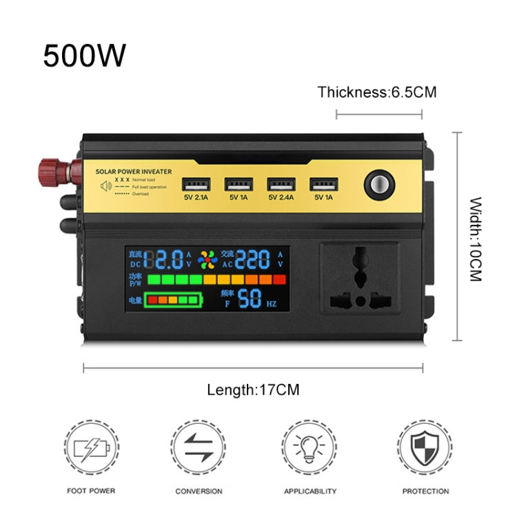 Car smart inverter front with LCD display and size diagram showing 500W, length 17cm.