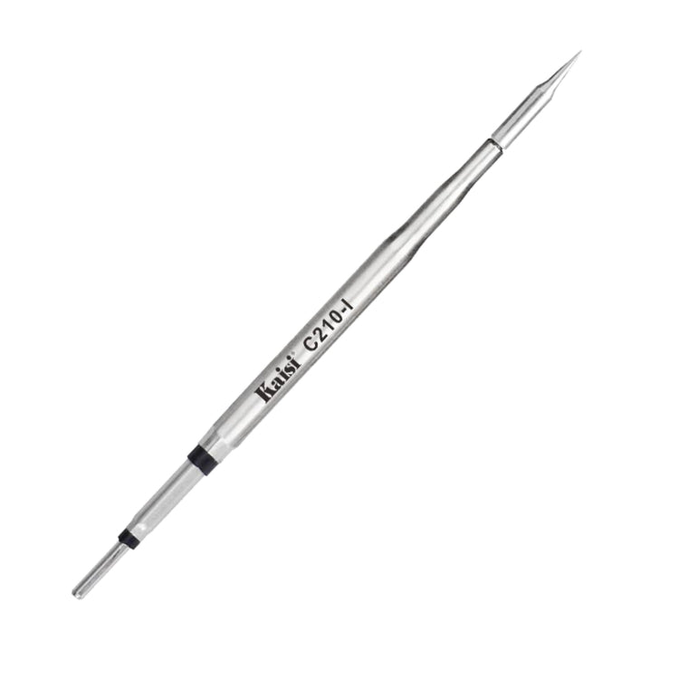 Soldering iron tip head, angled metal tip with printed label on shaft