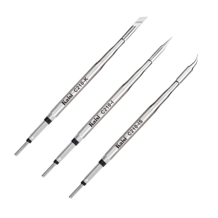 Set of three soldering iron heads, metal tips with black collar and labels