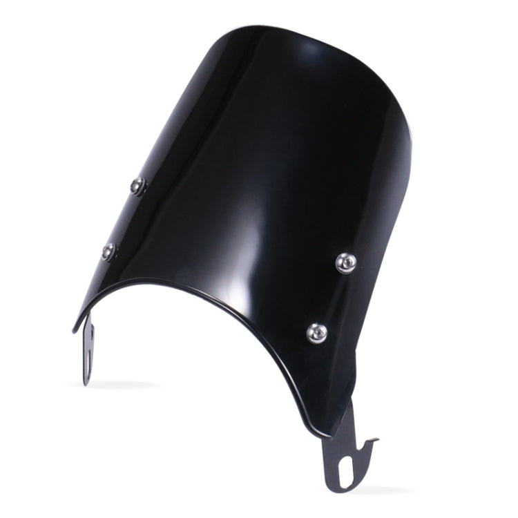 Motorcycle retro headlight windshield, curved matte black shell with side bracket and screws