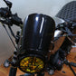 Motorcycle windshield retro style mounted on headlight area, glossy black screen