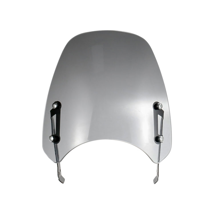 Clear grey motorcycle windshield with mounting brackets and screws
