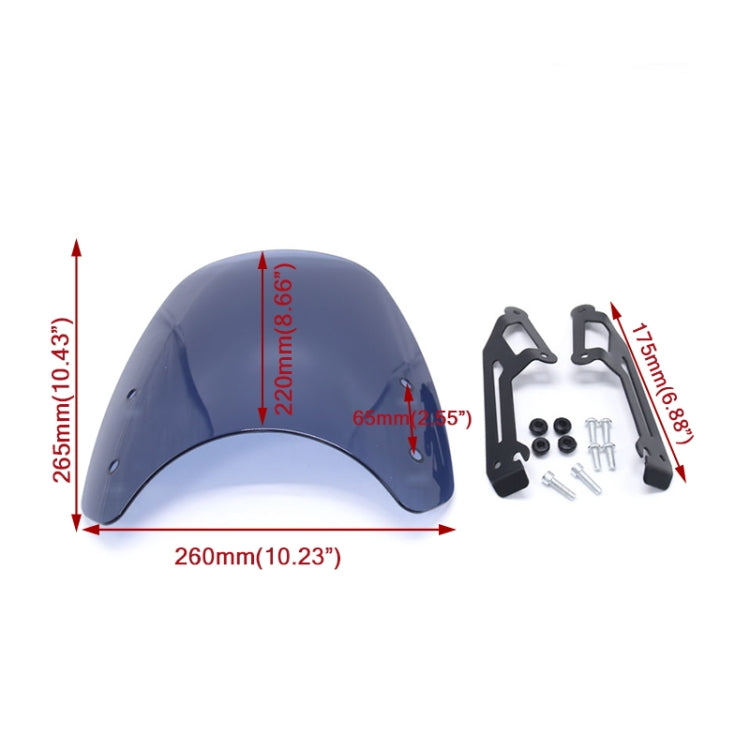 Smoked blue motorcycle windshield with mounting hardware and size diagram
