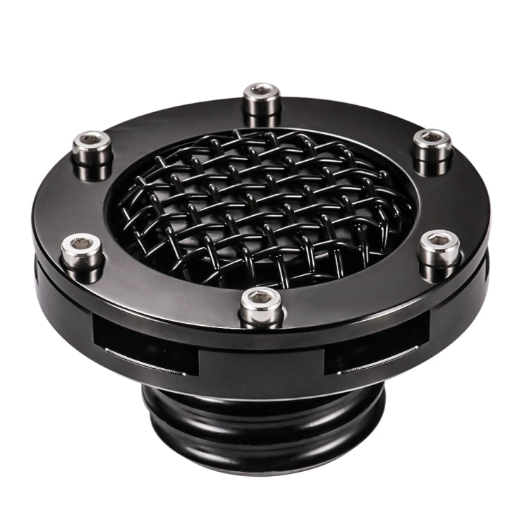 Black round motorcycle fuel tank cap with black mesh grille and metal mounting bolts
