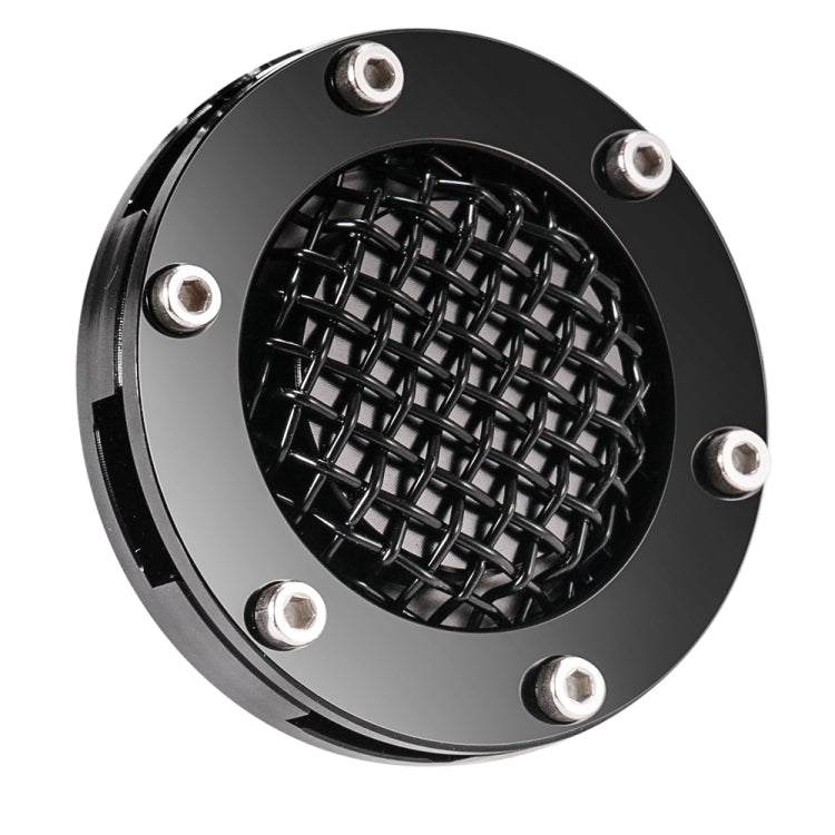 Round motorcycle fuel tank cap with black mesh grille and chrome mounting screws