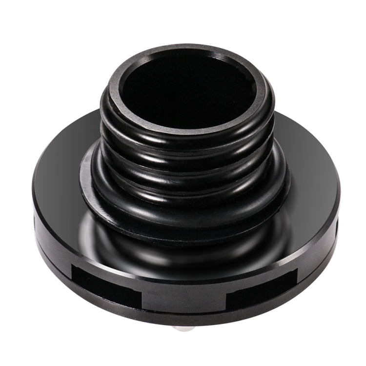 Black round motorcycle fuel tank cap with threaded base for mounting