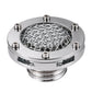 Chrome round motorcycle fuel tank cap with silver mesh grille and metal bolts