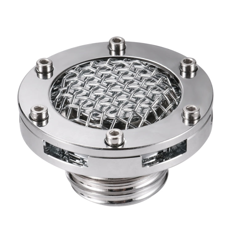Chrome round motorcycle fuel tank cap with silver mesh grille and metal bolts