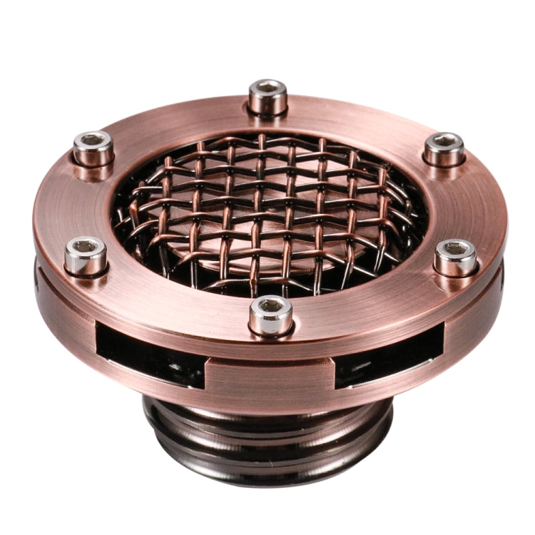 Bronze round motorcycle fuel tank cap with copper-colored mesh grille and mounting bolts