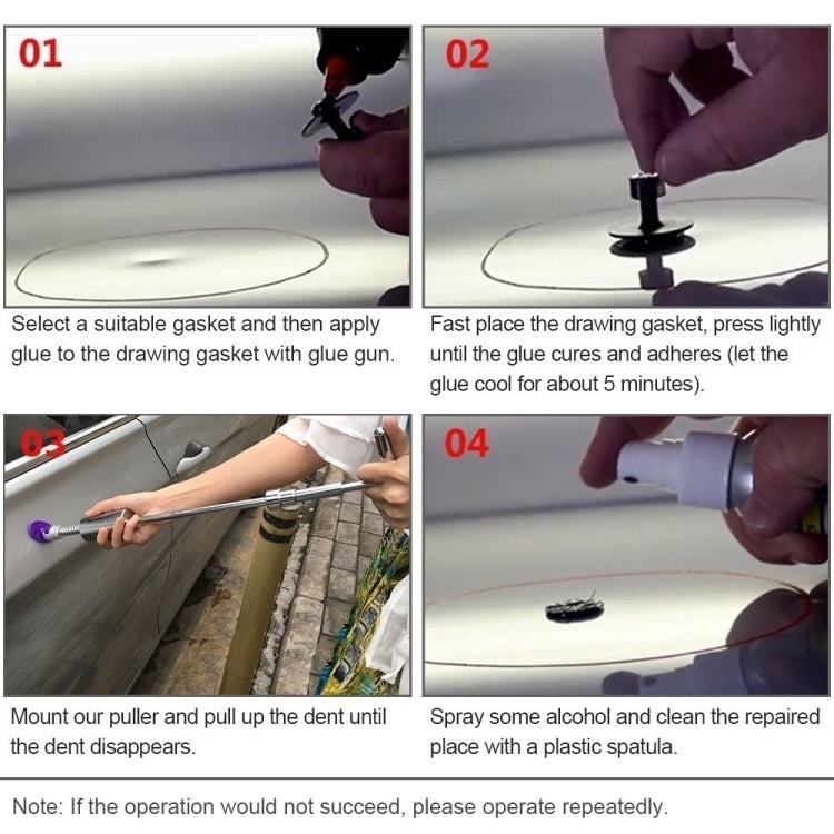 Step-by-step dent repair diagram showing pulling and cleaning instructions.