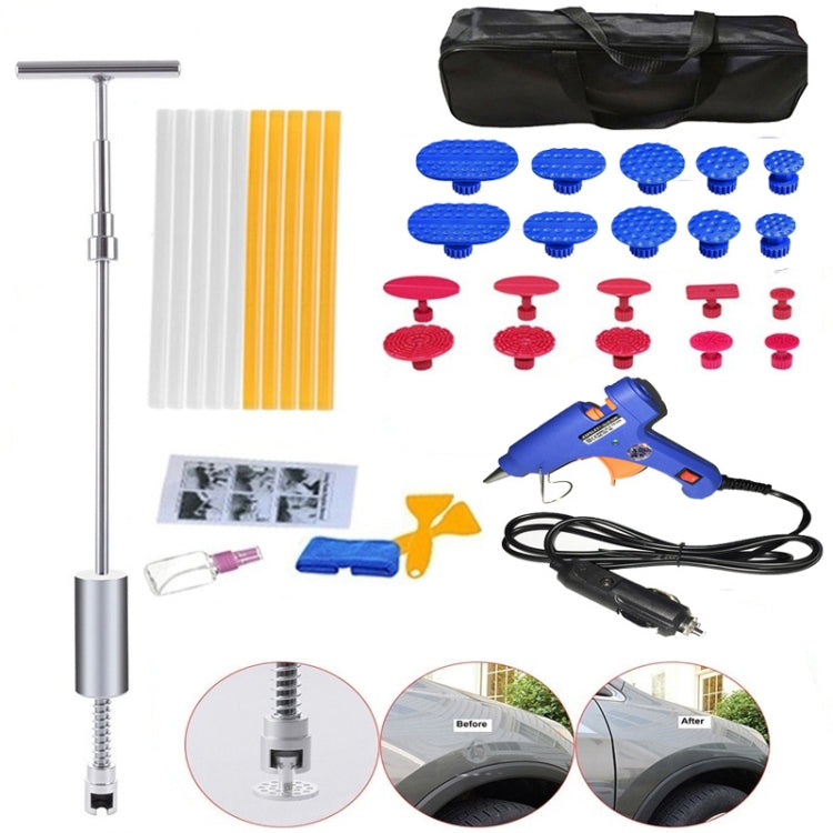 Car paintless dent repair kit with glue gun, suction tabs, rods, and carrying pouch