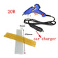 Blue hot glue gun with 12V car charger plug and black power cable
