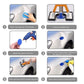 Instruction steps for dent repair using blue tabs and hot glue gun on car panel