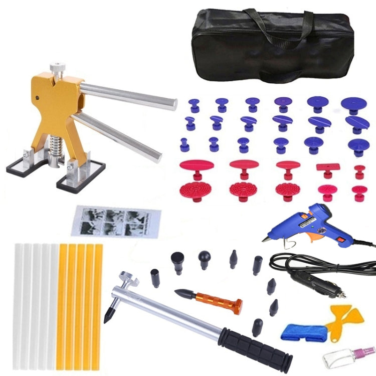 Paintless dent repair tool kit with yellow puller, accessories, and storage bag