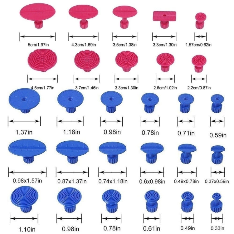 Paintless dent repair suction cups and pegs in blue and pink sizes