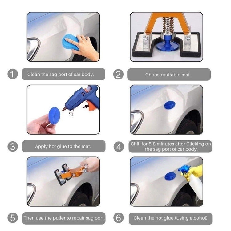 Paintless dent repair kit instruction steps with glue mat, puller, and tools
