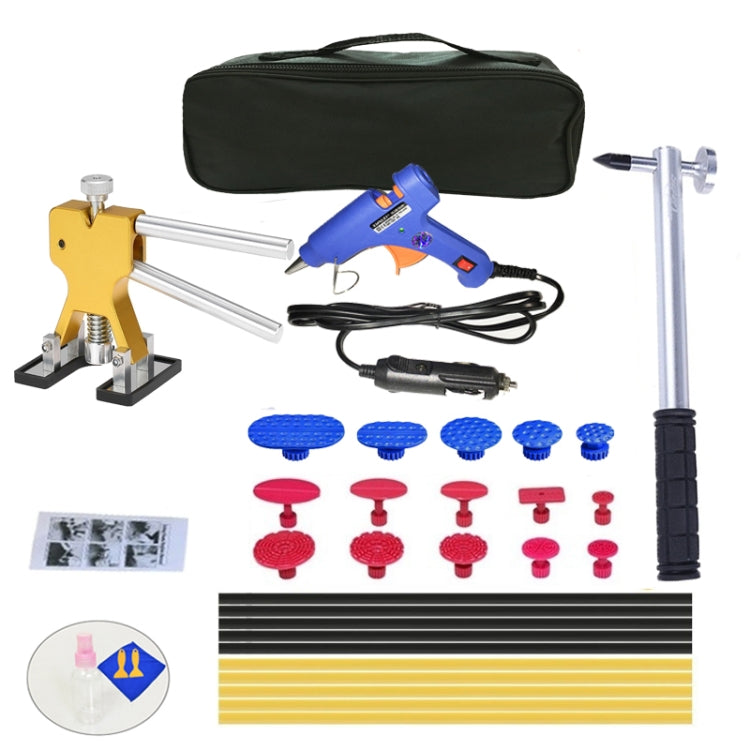 Car dent repair kit with blue glue gun, tabs, metal puller, rods, and storage case