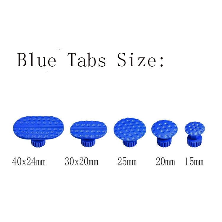 Set of five blue glue tabs for auto dent repair, various round sizes
