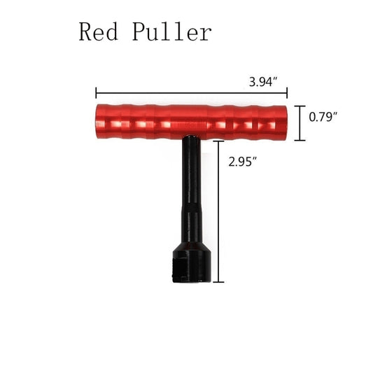 Red dent puller handle with black base and attached pull rod