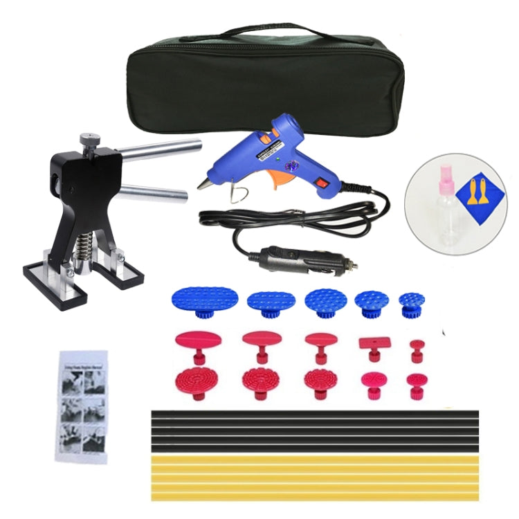 Car dent puller repair kit with hot glue gun, puller tool, and blue/red tabs in case