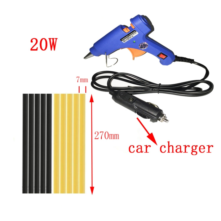 20W hot glue gun with car charger cord and glue stick strip length diagram