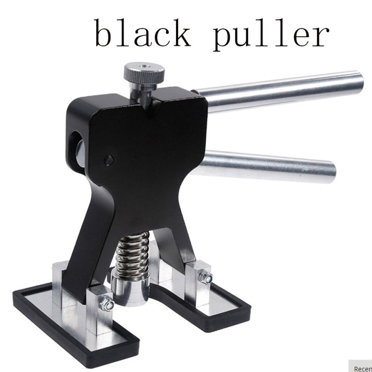 Black paintless dent puller tool with metal sliding bar and spring base