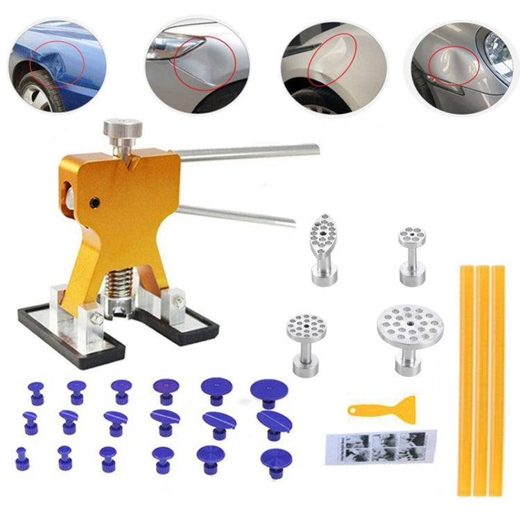 Orange paintless dent repair lifter tool with base and metal puller heads