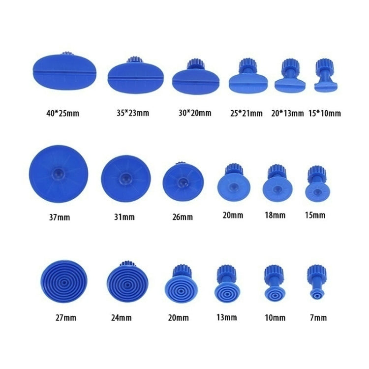 Blue suction puller discs and pegs set in multiple sizes for dent repair