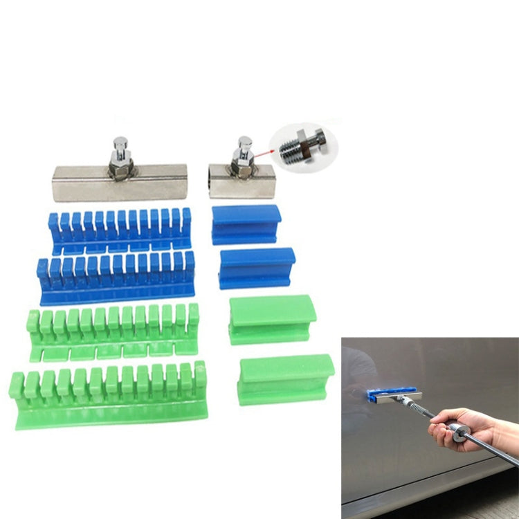 Car dent repair tool set with metal plates and blue/green pulling tabs