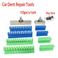 Dent repair tool set with stainless plates, blue/green pulling tabs, and big nuts