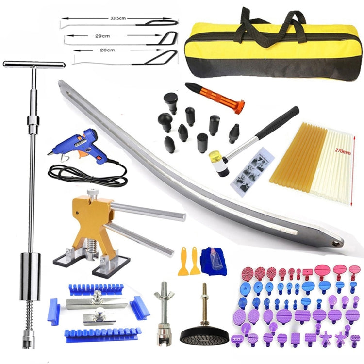 Paintless dent repair puller kit with yellow case, metal lifter bar, and multiple suction attachments