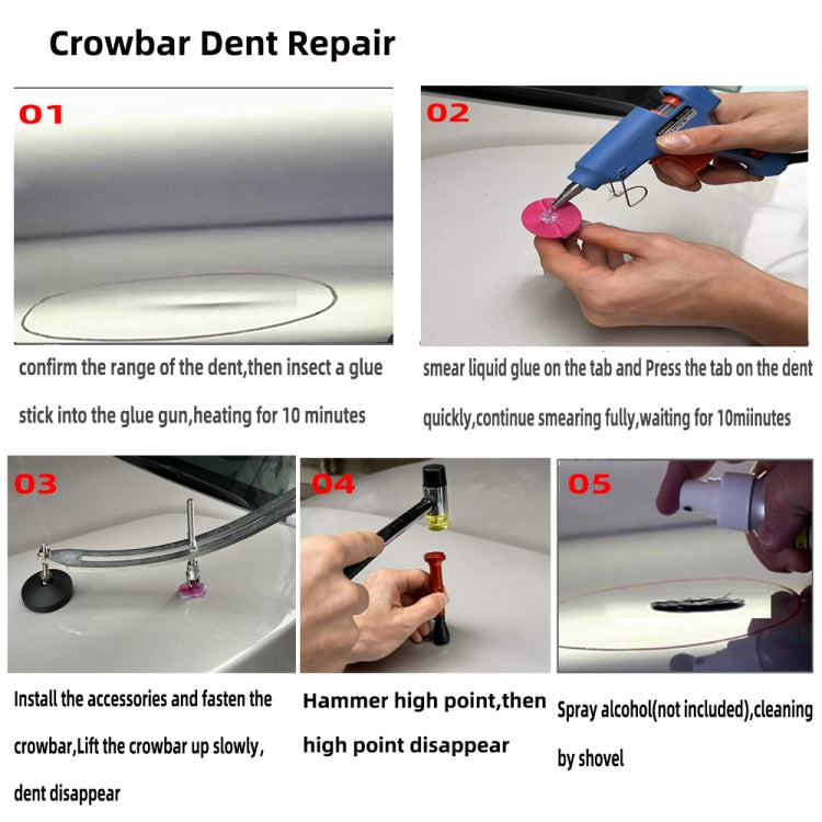 Crowbar-style dent repair tool with glue application accessory on car panel