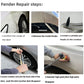 Fender dent repair tool set with crowbar and mallet on car panel