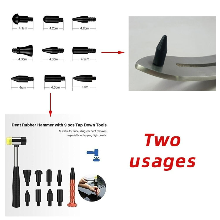 Rubber hammer dent tap tools with interchangeable cone tips in different sizes