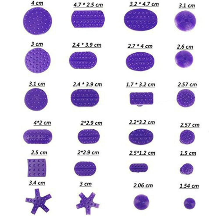 Purple suction pads and plugs in assorted shapes and sizes for dent tapping